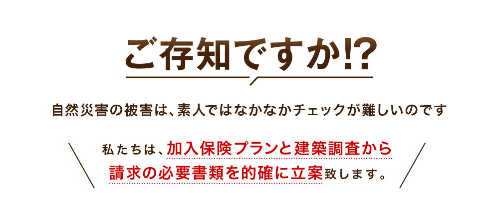 私たちは、加入保険プランと建築調査から請求の必要書類を的確に立案致します。